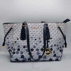 Michael Kors Large Voyager Tote Logo Blue Flowers